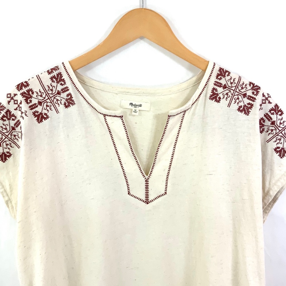 MADEWELL Short Sleeve Tee Size Medium Cream Boho Split Neck Shirt E11 - Picture 5 of 8